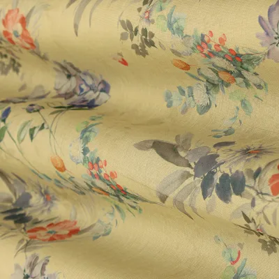 Lemon Yellow Multicoloured Print Zari Embroidery Tissue Fabric