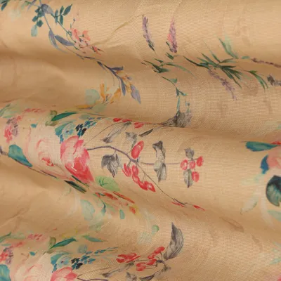 Beige Multicoloured Print Zari Embroidery Tissue Fabric