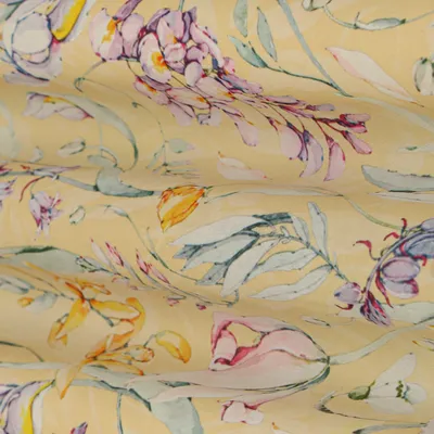 Lemon Yellow Multicoloured Pattern Print Georgette Fabric