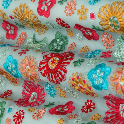 Sea Green Georgette Embroidery Fabric