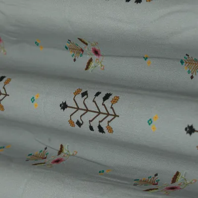 Ash Grey Multicoloured Mulmul Print Fabric