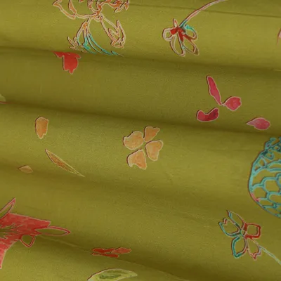 Olive Green Multicoloured Mulmul Print Fabric