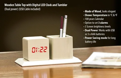 Wooden Tabletop With Digital LED Clock And Tumbler (Dual Power) (USB Cable Included)