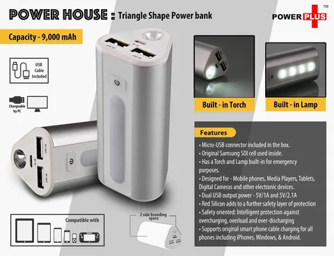 Power Plus Power House : Triangle Shape Power Bank With Lamp And Torch (Dual USB Port)(9000 MAh)