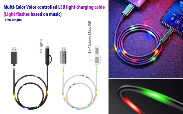 Voice Controlled LED Light Charging Cable (Multicolor) | Light Flashes Based On Music | 1 Mtr Length