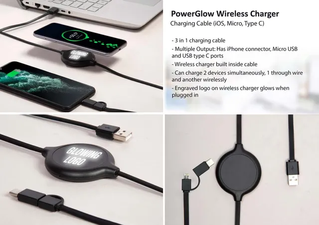 PowerGlow Wireless Charger | Charging Cable (IOS, Micro, Type C) | Logo Glow Function