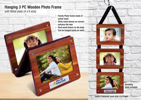 Hanging 3 Pc Wooden Photo Frame With Metal Plate (4×6 Size) (Printing Included MOQ 100 Pc)