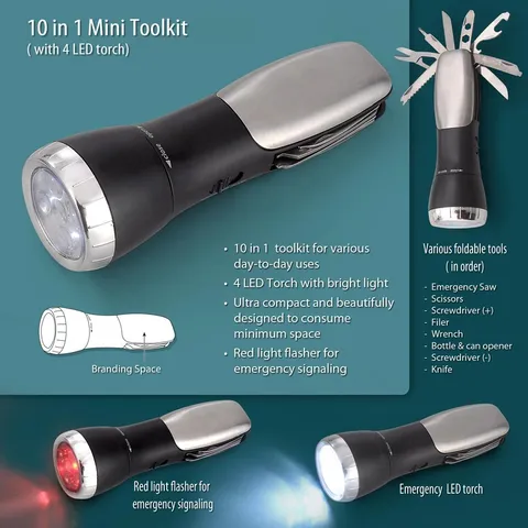 Mini Emergency Trekking Toolkit (10 Function With 5 Mode Torch & 2 Mode Flasher)