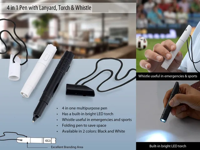 4 In 1 Pen With Lanyard, Torch & Whistle