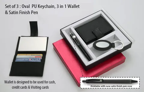 Set Of 3 : Oval PU Keychain , 3 In 1 Wallet (For Cash, Cards And Visiting Cards) & Highway Satin Pen