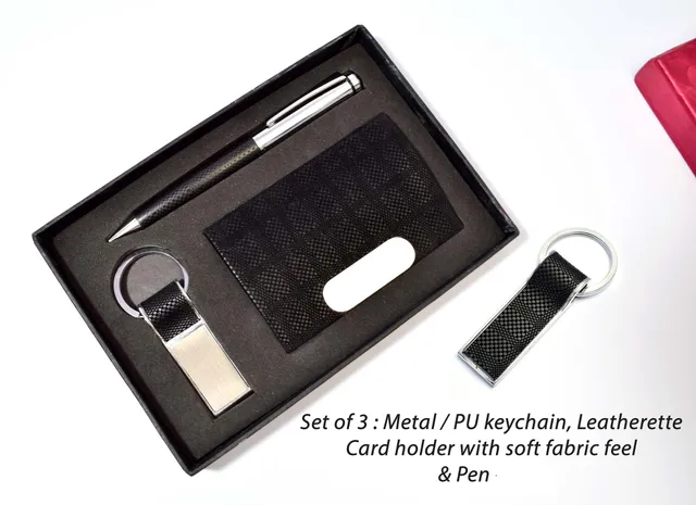 Set Of 3 : Metal / PU Keychain With Soft Fabric Feel  , Leatherette Card Holder With Soft Fabric Feel  & Pen