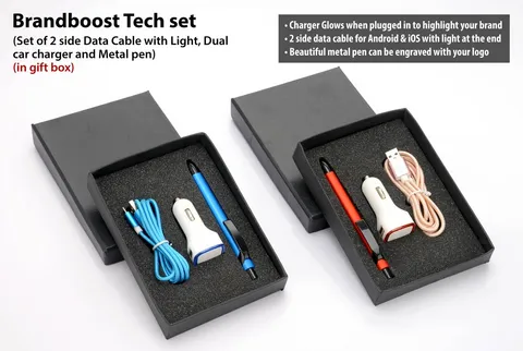 Brandboost Tech Set: Set Of 2 Side Data Cable With Light , Dual Car Charger And Flat Oval Pen