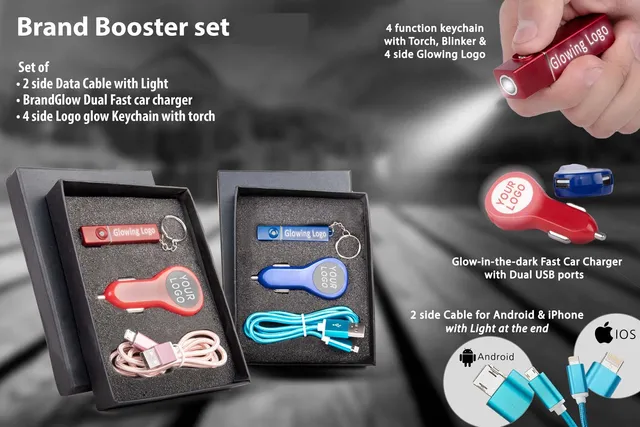 Brandbooster Set: Set Of 2 Side Data Cable With Light, Brandglow Dual Car Charger  & 4 Side Glow Keychain With Torch