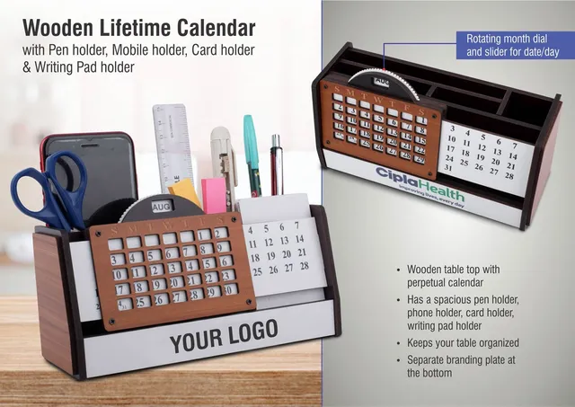Wooden Lifetime Calendar With Pen Holder, Mobile Holder, Card Holder And Writing Pad Holder | Branding Included MOQ 100pc