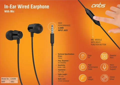 Artis In-Ear Wired Earphone With Mic (E350M) (MRP 499)