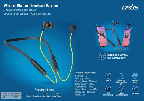 Artis Wireless Bluetooth Neckband Earphone | 8 Hours Playback | Fast Charging | Voice Assistant Support | IPX5 Water Resistant (BE310M) (MRP 1799)