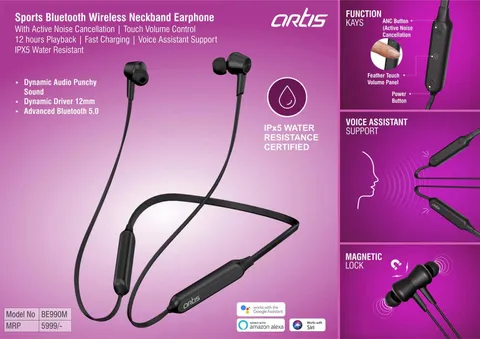 Artis Sports Bluetooth Wireless Neckband Earphone With Active Noise Cancellation | Touch Volume Control | 12 Hours Playback | Fast Charging | Voice Assistant Support | IPX5 Water Resistant (BE990M) (MRP 5999)