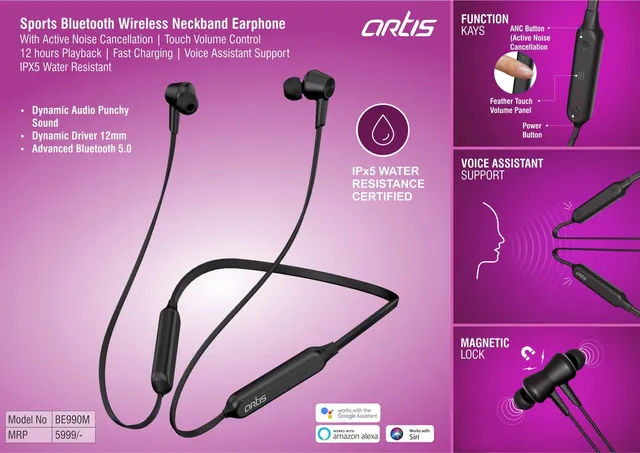 Artis Sports Bluetooth Wireless Neckband Earphone With Active Noise Cancellation | Touch Volume Control | 12 Hours Playback | Fast Charging | Voice Assistant Support | IPX5 Water Resistant (BE990M) (MRP 5999)