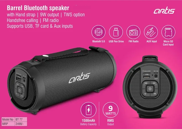 Artis Barrel Bluetooth Speaker With Hand Strap | 9W Output | TWS Option | Handsfree Calling | FM Radio | Supports USB, TF Card & Aux Inputs (BT77) (MRP 2499)