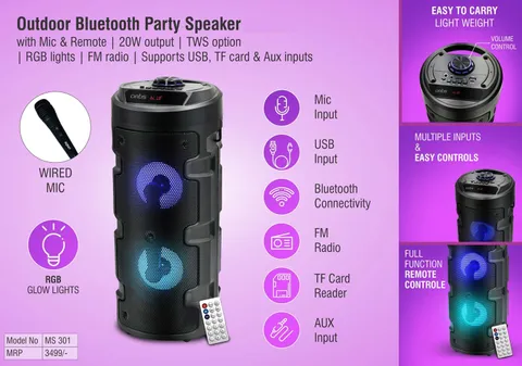 Artis Outdoor Bluetooth Party Speaker With Mic & Remote | 20W Output | TWS Option | RGB Lights | FM Radio | Supports USB, TF Card & Aux Inputs (MS301) (MRP 3499)
