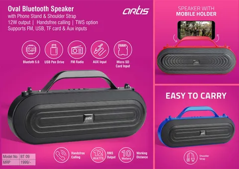 Artis Oval Bluetooth Speaker With Phone Stand & Shoulder Strap | 12W Output | Handsfree Calling | TWS Option | Supports FM, USB, TF Card & Aux Inputs (BT09) (MRP 1999)