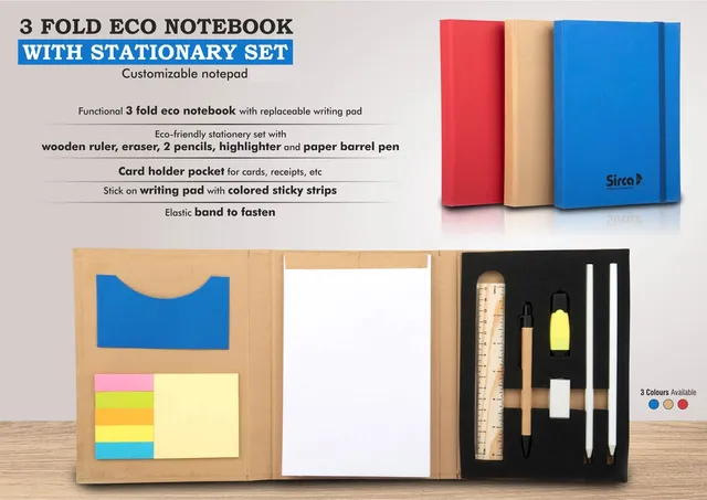 3 fold Eco Notebook with stationary set | Customizable notepad