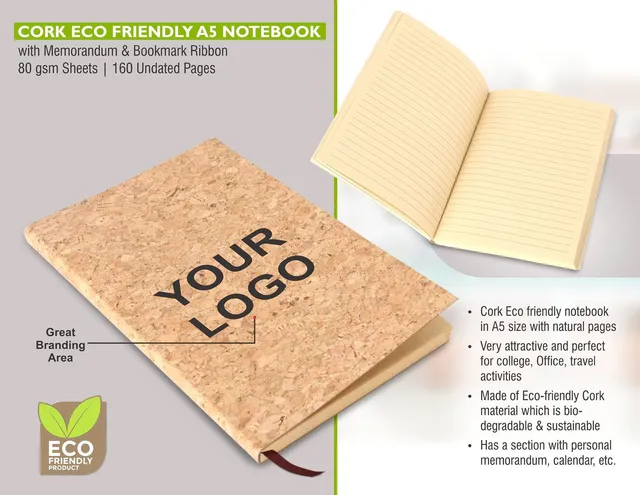 Cork Eco friendly A5 notebook with memorandum & Bookmark ribbon| 80 gsm sheets | 160 undated pages
