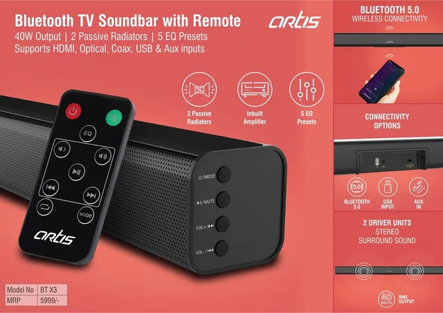 Artis Bluetooth TV Soundbar with Remote | 40W output | 2 passive radiators | 5 eq presets | Supports HDMI, Optical, Coax, USB & Aux inputs (BTX3) (MRP 5999)