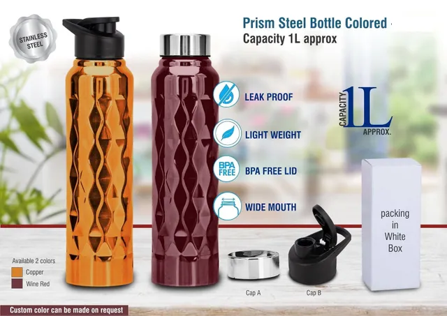 Prism Steel Bottle Colored | Capacity 1L Approx