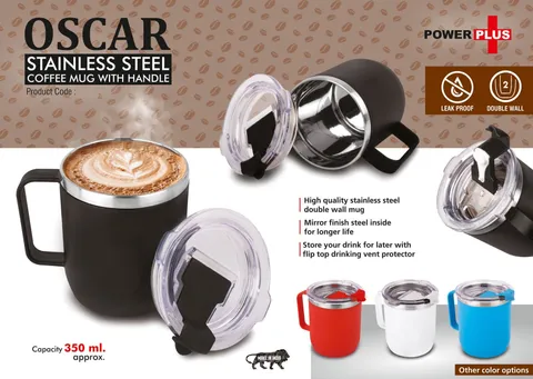 Oscar: Stainless Steel Coffee Mug With Handle | Premium Clear Cap With Flip Top Lid | Leakproof | Capacity 350ml Approx