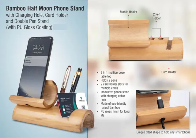 Bamboo Half Moon Phone Stand With Charging Hole, Card Holder And Double Pen Stand (With PU Gloss Coating)
