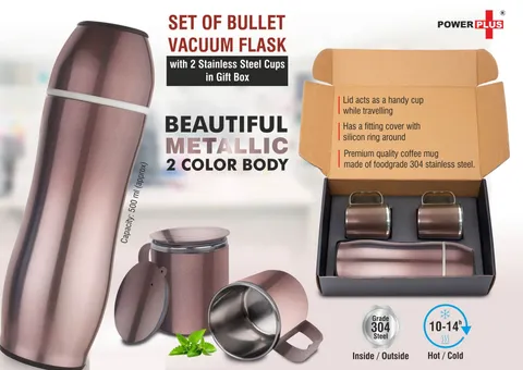 Set Of Brown Bullet Vacuum Flask With 2 Stainless Steel Cups In Gift Box | Metallic Finish Cups