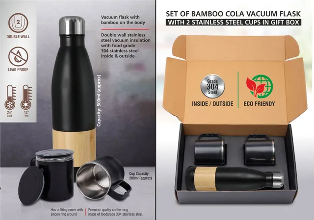 Set of Bamboo cola Vacuum Flask with 2 Stainless steel cups in Gift box