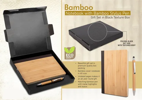 Bamboo Notebook with Bamboo pen | Gift set in Black Texture box
