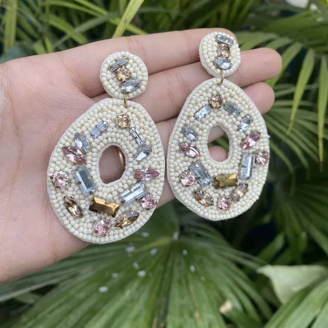 Embroidery White Earrings with Gemstones