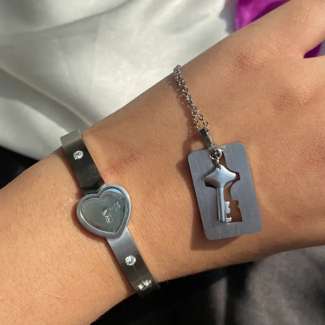 Heart Lock Bracelet - Key Necklace Set (Stainless Steel)