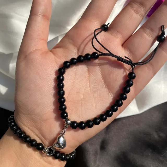 Heart Magnetic Couple Bracelet with Black Beads