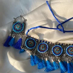 Blue Afghani Handmade Choker And Earrings Combo