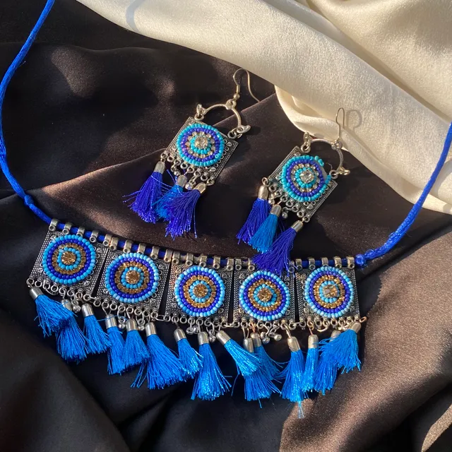 Blue Afghani Handmade Choker And Earrings Combo