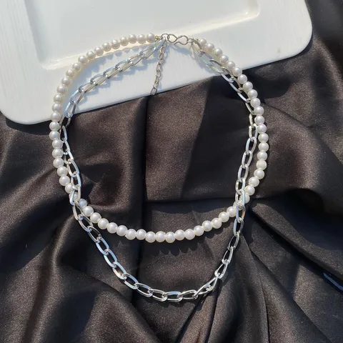 Double Layer Silver Pearl Necklace