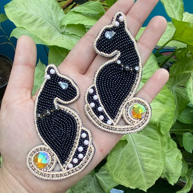 Black Cat Handmade Beaded Earrings