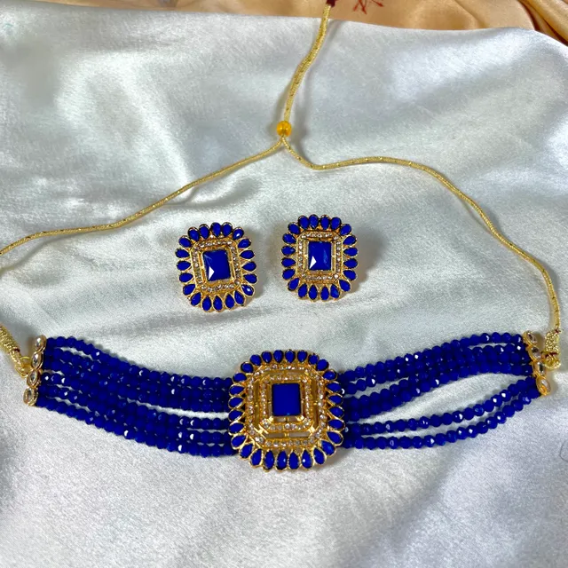 Traditional Earrings And Choker Moti Set - Dark Blue