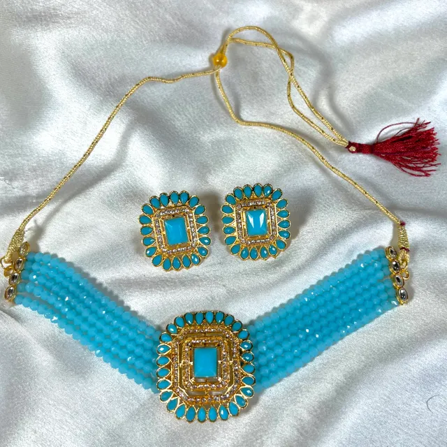 Traditional Earrings And Choker Moti Set - Aqua Blue