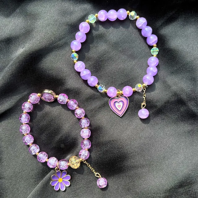 Lavender Aesthetic Y2K Glass Beads Bracelet with Double Charm (Free Size)