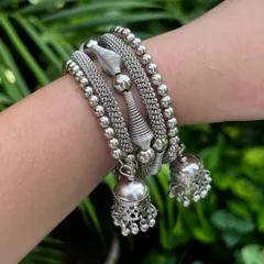 Broad Silver Ghunghroo Bracelet with Hangings