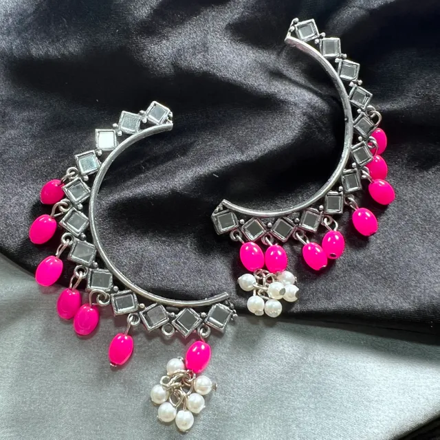 Oxidised Mirror Jhumkas With Pink Pearls (Pair)