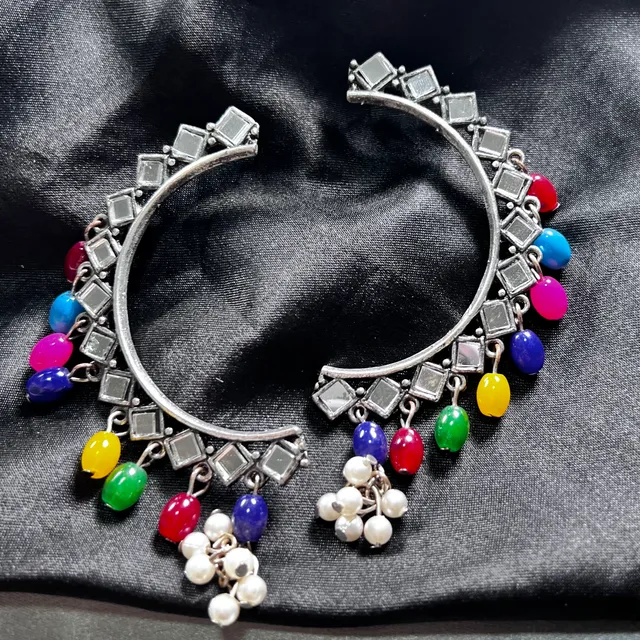 Oxidised Mirror Jhumkas Multicolour Pearls (Pair)