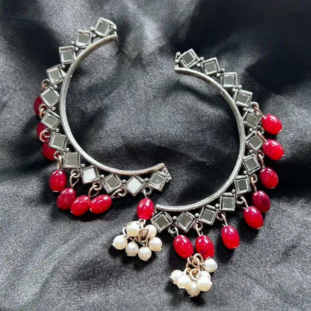 Oxidised Mirror Jhumkas With Red Pearls (Pair)