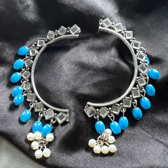Oxidised Mirror Jhumkas With Light Blue Pearls (Pair)