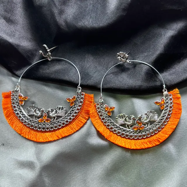 Oxidised Peacock Chandbali  Jhumkas With Frills (Orange)